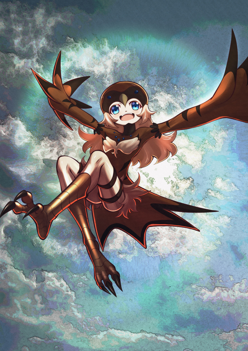1girl, absurdres, aida_zuleka, bird_hat, bird_legs, bird_tail, blue_eyes, brown_hair, brown_wings, clouds, cloudy_sky, commentary_request, duel_monster, feather_fingers, harpy, highres, long_hair, lyrilusc_-_cobalt_sparrow, monster_girl, open_mouth, sky, solo, tail, talons, teeth, upper_teeth_only, winged_arms, wings, yu-gi-oh!