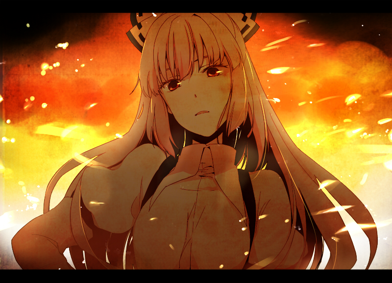 bad_id, bangs, blunt_bangs, fire, fujiwara_no_mokou, head_tilt, hime_cut, letterboxed