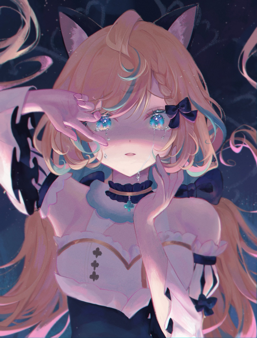 1girl, ahoge, animal_ears, blue_eyes, blue_hair, cat_ears, cat_girl, crying