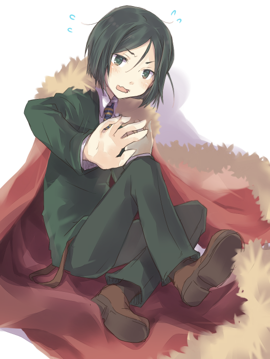 1boy, blush, brown_footwear, cape, embarrassed, fate/grand_order, fate_(series), flying_sweatdrops