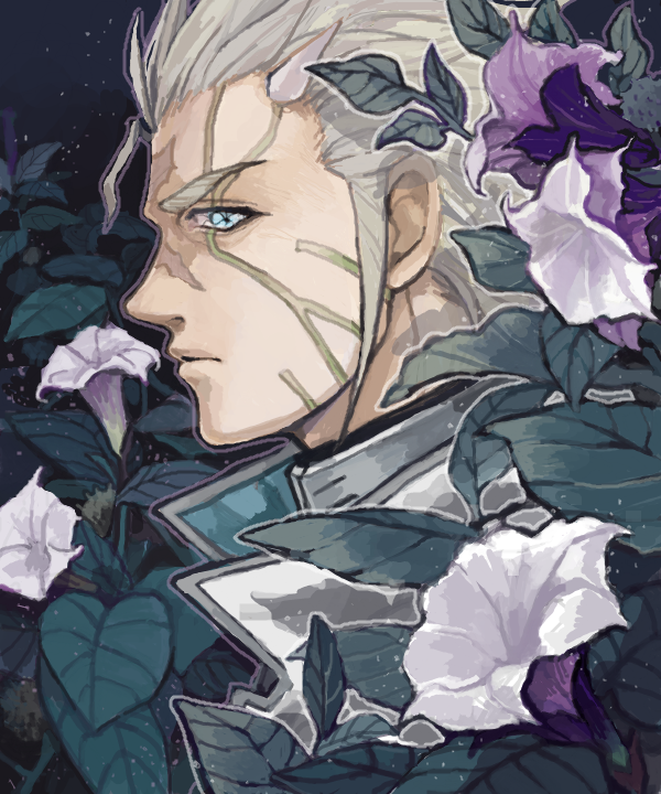 1girl, blue_eyes, close-up, closed_mouth, facial_mark, flower, hair_slicked_back, horns