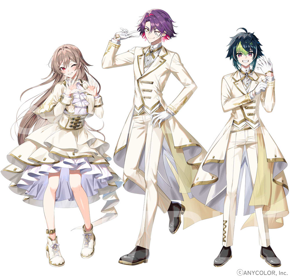 1girl, 2boys, ahoge, ascot, black_footwear, black_hair, brown_hair, capelet