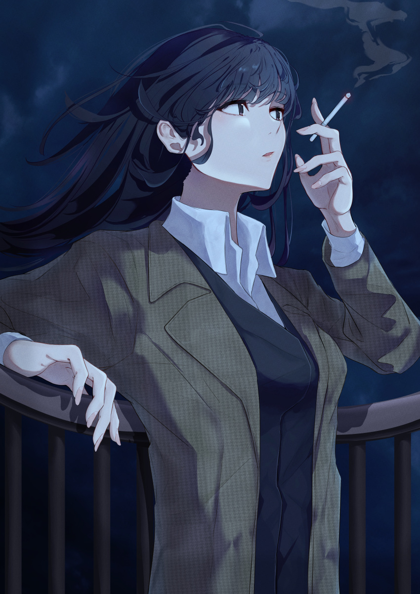 1girl, absurdres, arm_support, black_eyes, black_hair, black_vest, brown_coat, cigarette