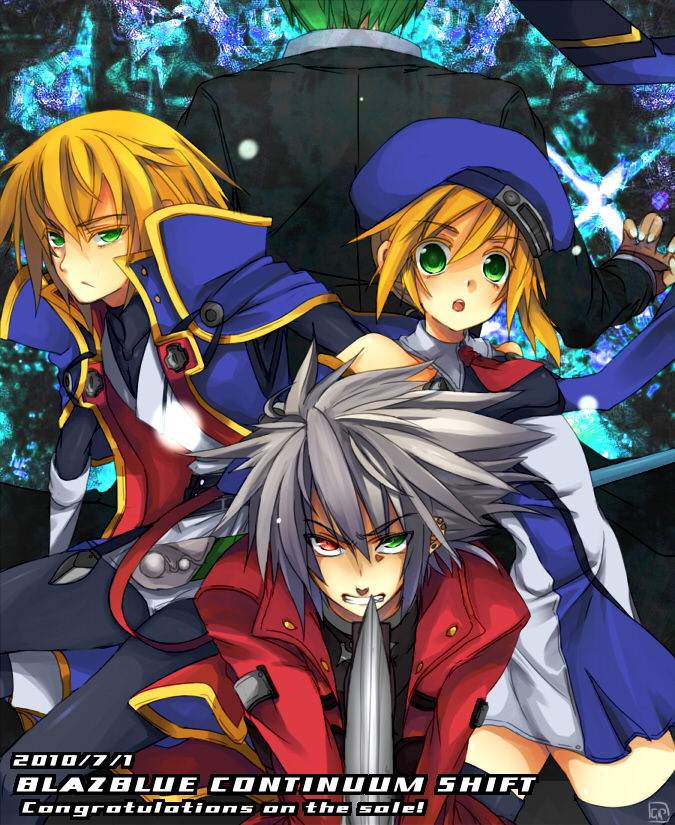 blonde_hair, green_eyes, green_hair, grey_hair, hazama, heterochromia, jin_kisaragi, male