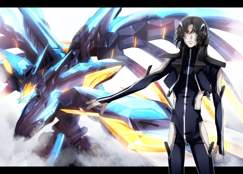 1boy, arm_blade, arm_cutout, black_hair, clothing_cutout, crystal, finger_marks, floating
