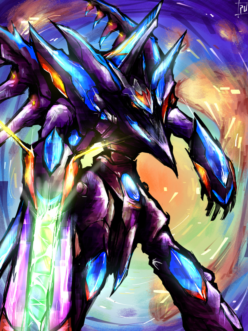 arm_blade, crystal, floating, flying, glowing, highres, horns, mark_alles, mecha, no_humans, pnue2424, robot, sky, solo, soukyuu_no_fafner, sword, weapon, wings