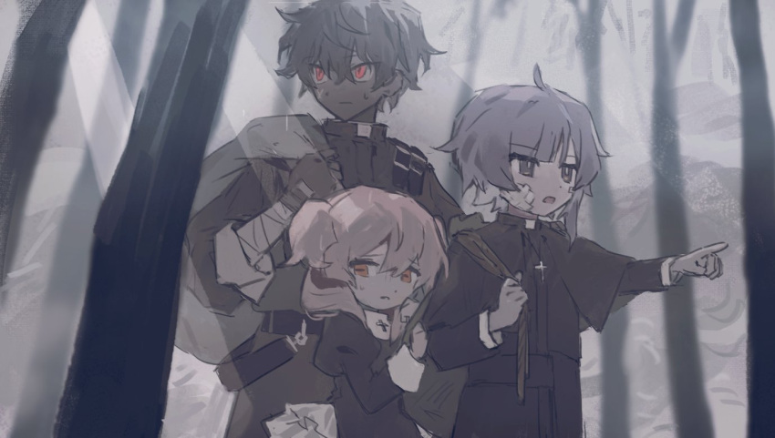 1girl, 2boys, asymmetrical_hair, bag, bandaid, bandaid_on_face, belial_(happy_saint_sheol), belt, black_capelet, black_dress, black_gloves, black_hair, bright_pupils, capelet, cross, cross_necklace, dark-skinned_male, dark_skin, dress, expressionless, forest, frown, gloves, happy_saint_sheol, holding, holding_another's_arm, holding_bag, horizontal_pupils, jewelry, looking_down, looking_to_the_side, maya_elbeth, medium_hair, multiple_boys, nature, necklace, open_mouth, orange_eyes, painterly, pink_hair, pointing, pointing_forward, priest, purple_hair, raruros, red_eyes, scar, scar_on_cheek, scar_on_face, securett_rafe, short_hair, violet_eyes, walking, white_pupils