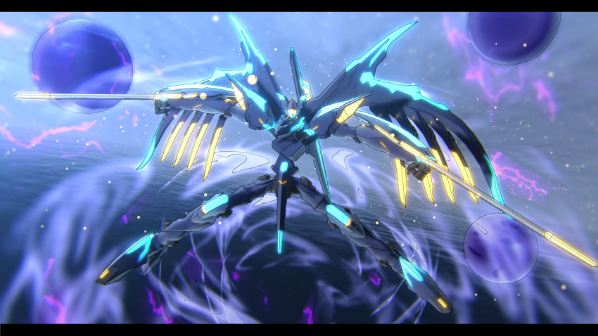 arm_blade, artist_request, crystal, energy_ball, floating, flying, glowing, highres, horns, jimmy2010, mark_alles, mecha, no_humans, robot, sky, solo, soukyuu_no_fafner, sword, water, weapon, wings