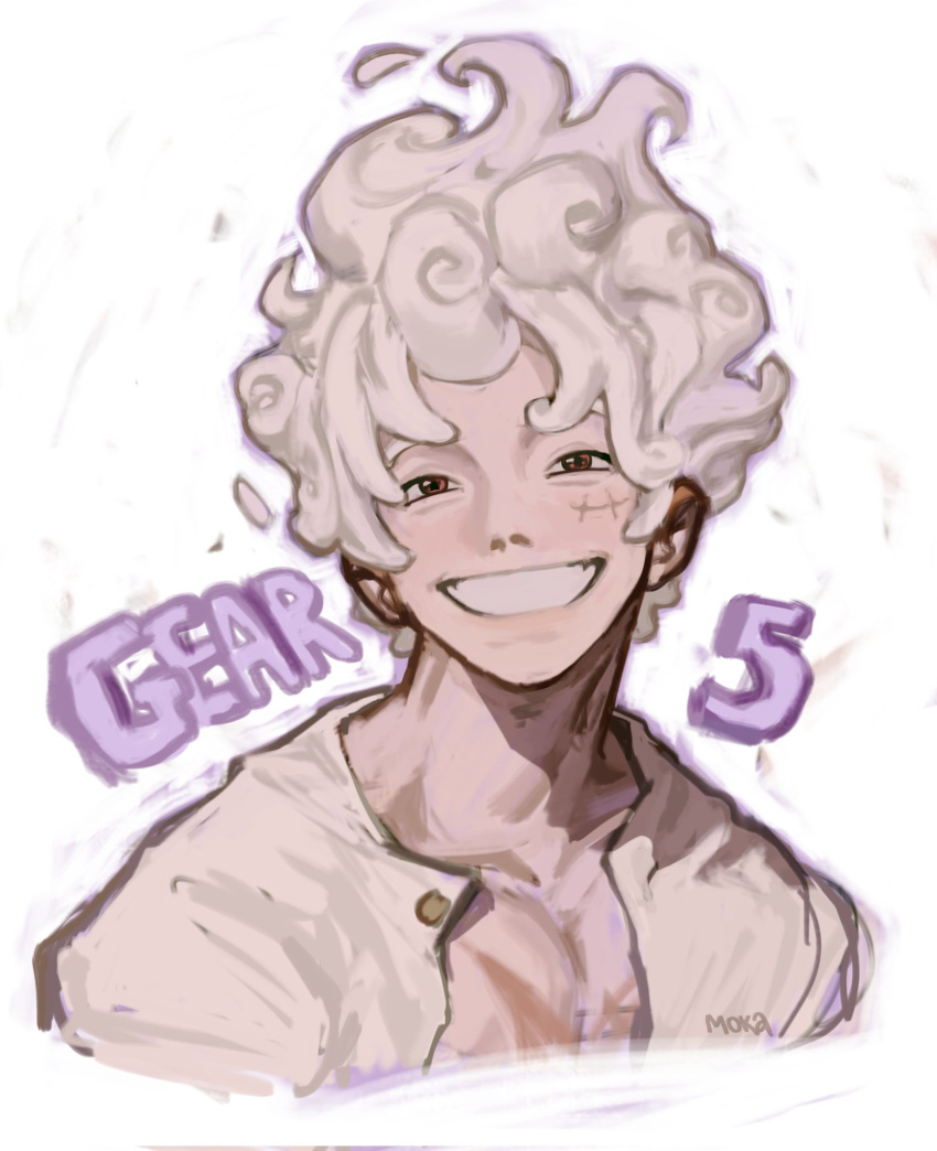 1boy, bishounen, cloud_hair, curly_eyebrows, gear_fifth, gear_second, highres, looking_at_viewer, m0kaccinoh, male_focus, monkey_d._luffy, one_piece, scar, scar_on_cheek, scar_on_chest, scar_on_face, smile, solo, teeth, white_hair