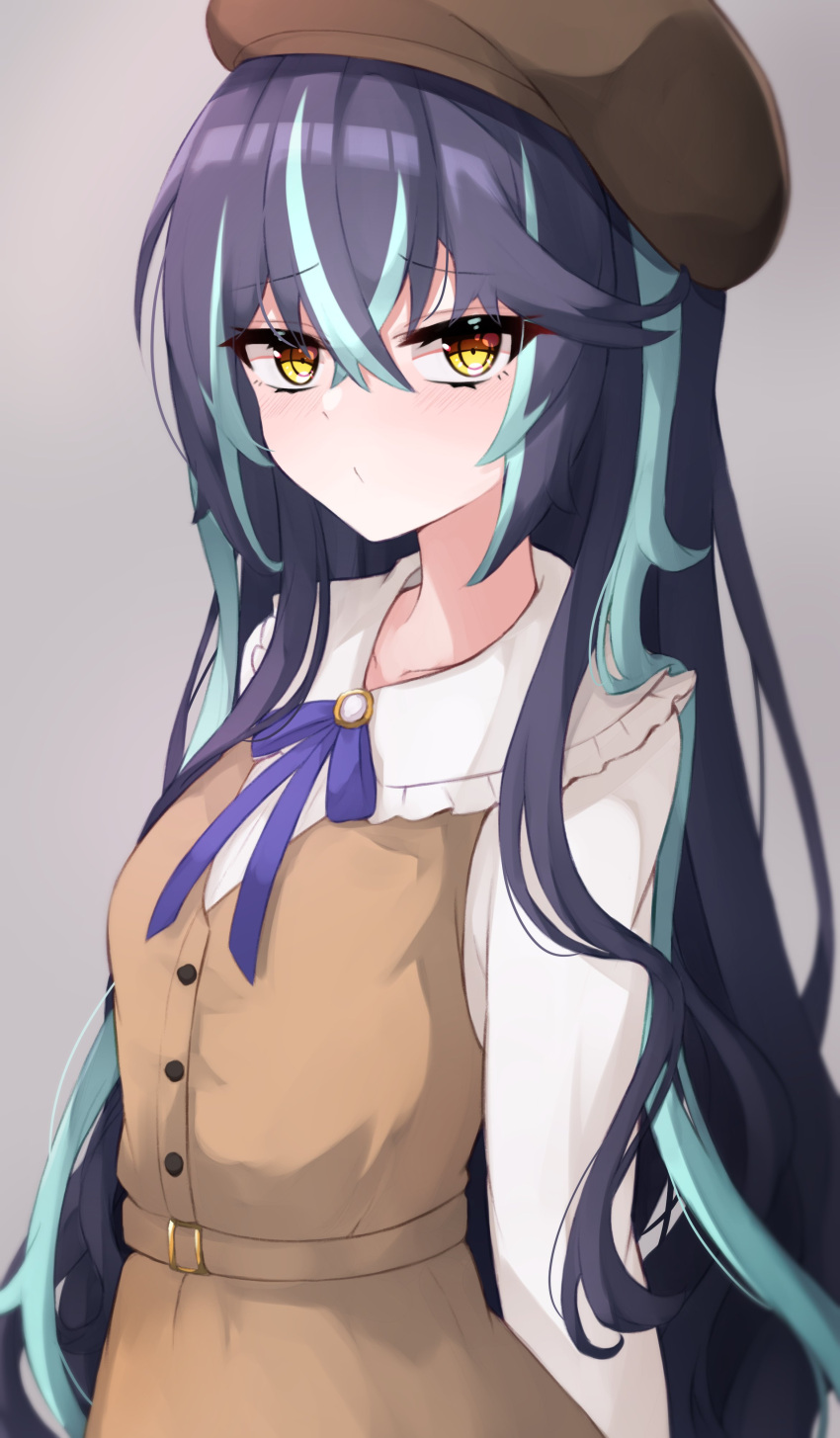 1girl, absurdres, arms_behind_back, ayanue, belt, beret, blue_hair, blue_ribbon