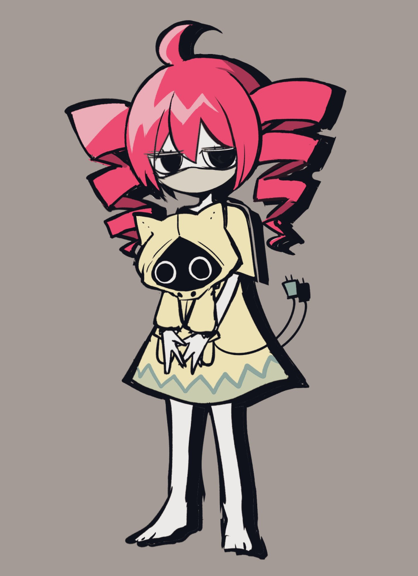 1girl, 1other, ahoge, animal, animal_ears, animal_hood, barefoot, black_eyes