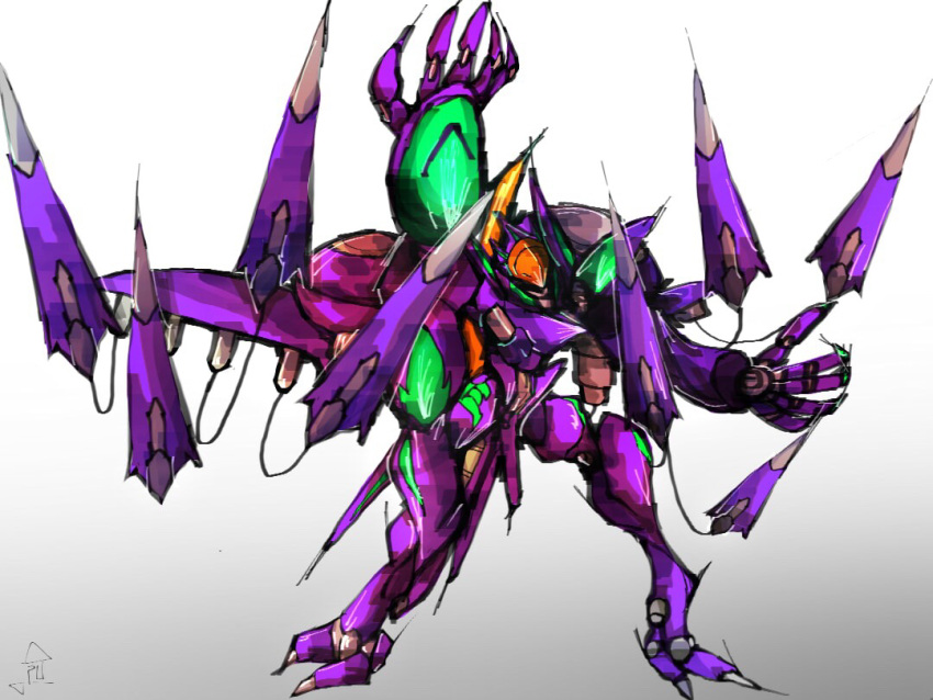 claws, crystal, floating, flying, glowing, horns, mark_nicht, mecha