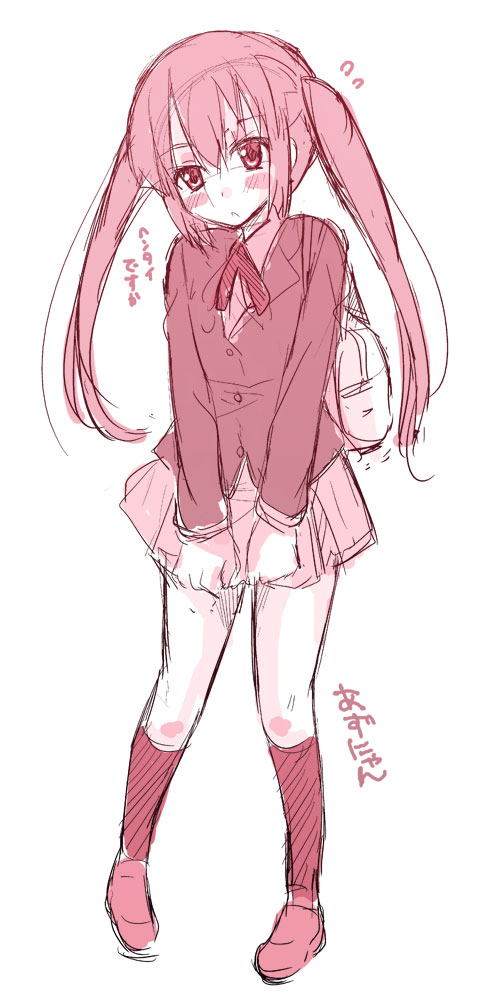 k-on!, kneehighs, long_hair, monochrome, nakano_azusa, narusawa_kei, school_uniform, sketch, skirt, skirt_tug, socks, twintails