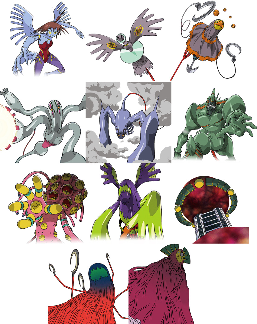 absurdres, artist_request, breasts, corruption, d-reaper, d-reaper_adr-01, d-reaper_adr-02, d-reaper_adr-03, d-reaper_adr-04, d-reaper_adr-05, d-reaper_adr-06, d-reaper_adr-07, d-reaper_adr-08, d-reaper_adr-09, digimon, digimon_card_game, digimon_tamers, highres, katou_juri, looking_at_viewer, monster, monster_girl, mother_d-reaper, official_art, open_mouth, reaper_(digimon), sharp_teeth, sickle, simple_background, smoke, source_request, teeth, tentacles, white_background, wings, yellow_eyes