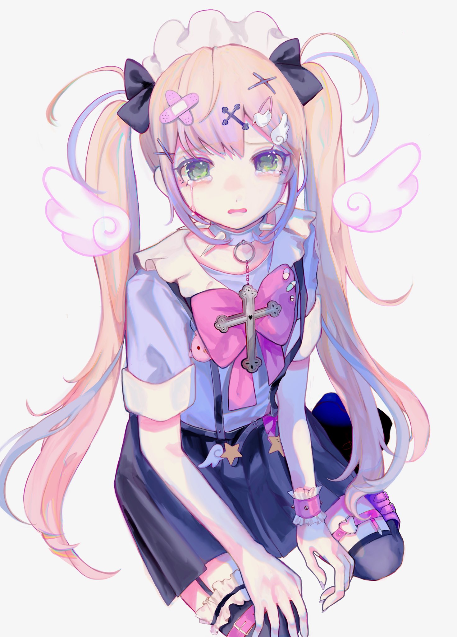 1girl, arm_between_legs, armband, black-skirt, blonde_hair, bow, ccnaov, choker, commission, cross, crying, crying_with_eyes_open, detached_wings, facing_viewer, frilled_armband, frills, full_body, green_eyes, hair_ornament, hairclip, hand_on_own_knee, highres, kneeling, latin_cross, long_hair, maid_headdress, mini_wings, open_mouth, purple_shirt, shirt, short_sleeves, simple_background, skirt, sleeve_cuffs, solo, spiked_choker, spikes, suspender_skirt, suspenders, tears, twintails, very_long_hair, white_background, wings