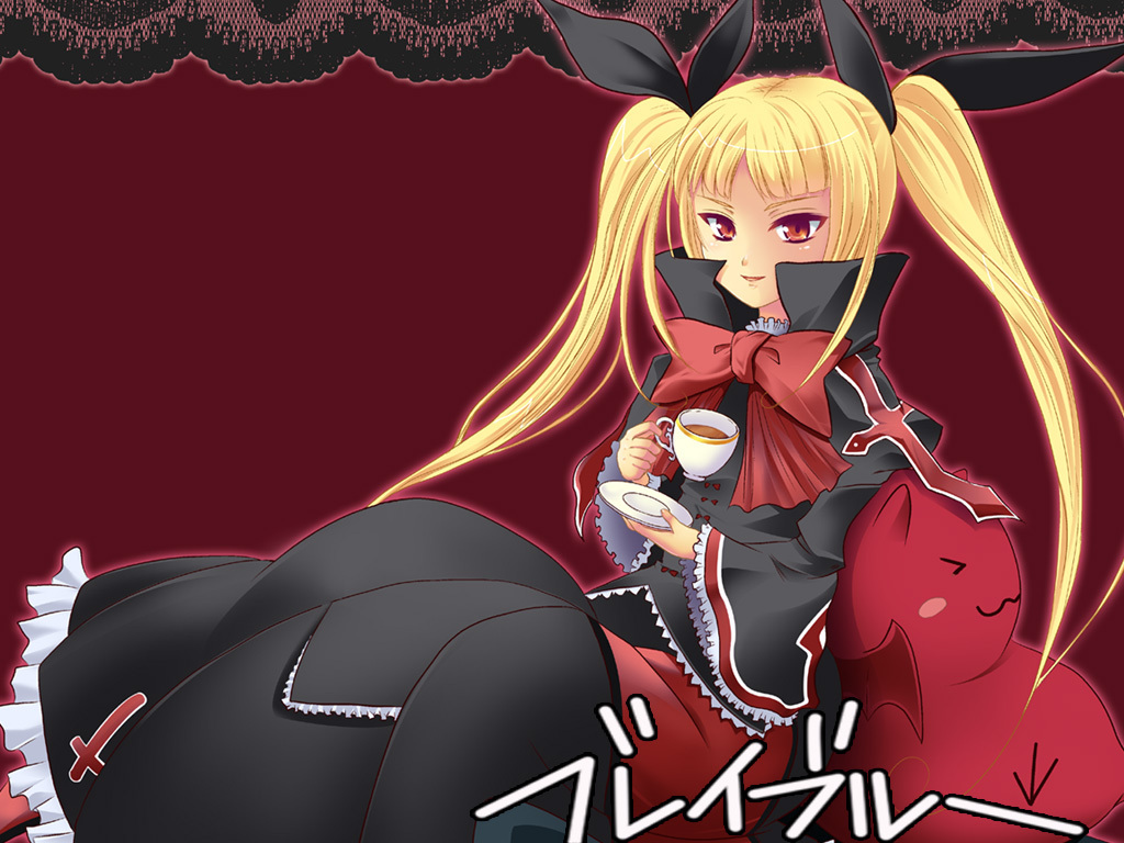 asvin, blazblue, blonde_hair, cup, gii, long_hair, rachel_alucard, red_eyes, ribbon, tea, twintails
