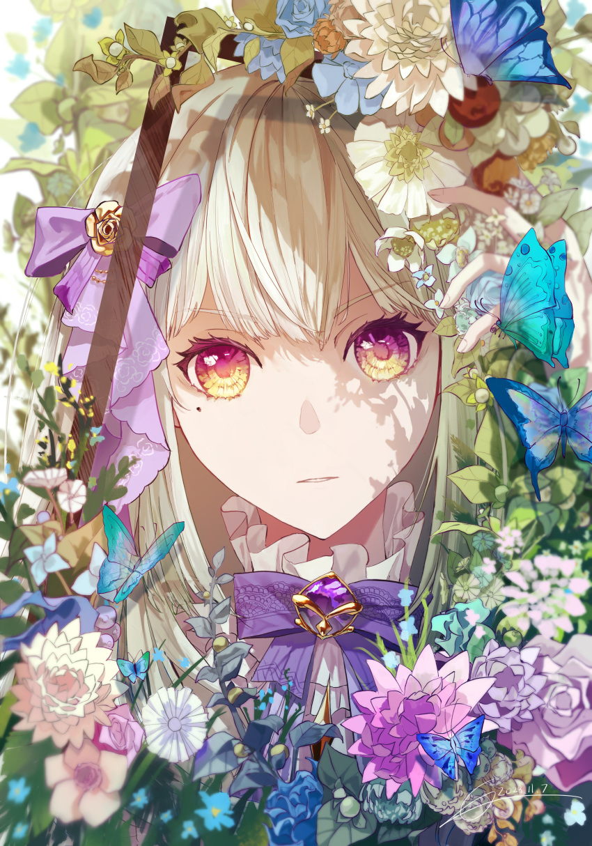 1girl, absurdres, blonde_hair, blouse, blue_butterfly, blue_flower, bow, bowtie