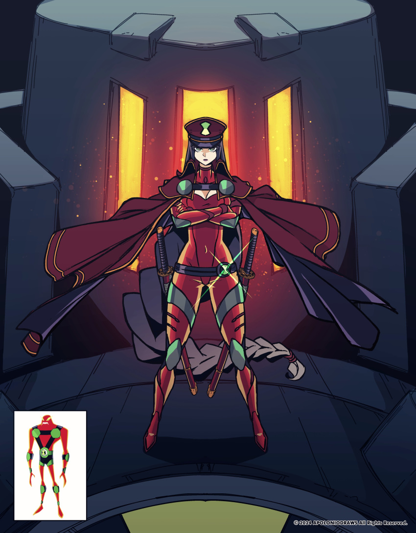 1girl, absurdres, apoloniodraws, armor, ben_10, black_hair, cloak, green_eyes, gunbuster_pose, highres, long_hair, looking_at_viewer, mecha, nrg_(ben_10), omnitrix, ponytail, red_suit, robot, suit, sword, weapon