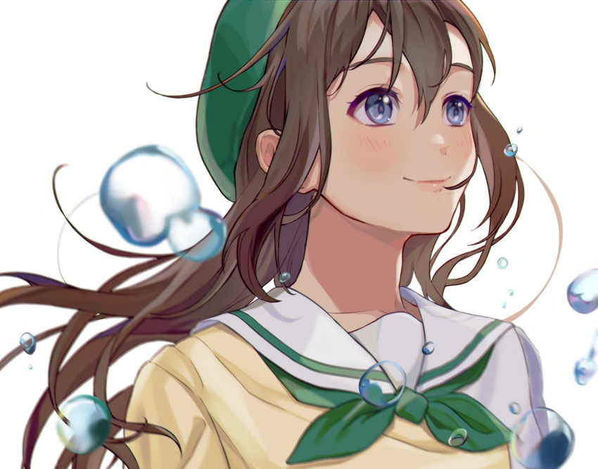 1girl, beret, blue_eyes, blush, book_the_star, bow, brown_hair, closed_mouth