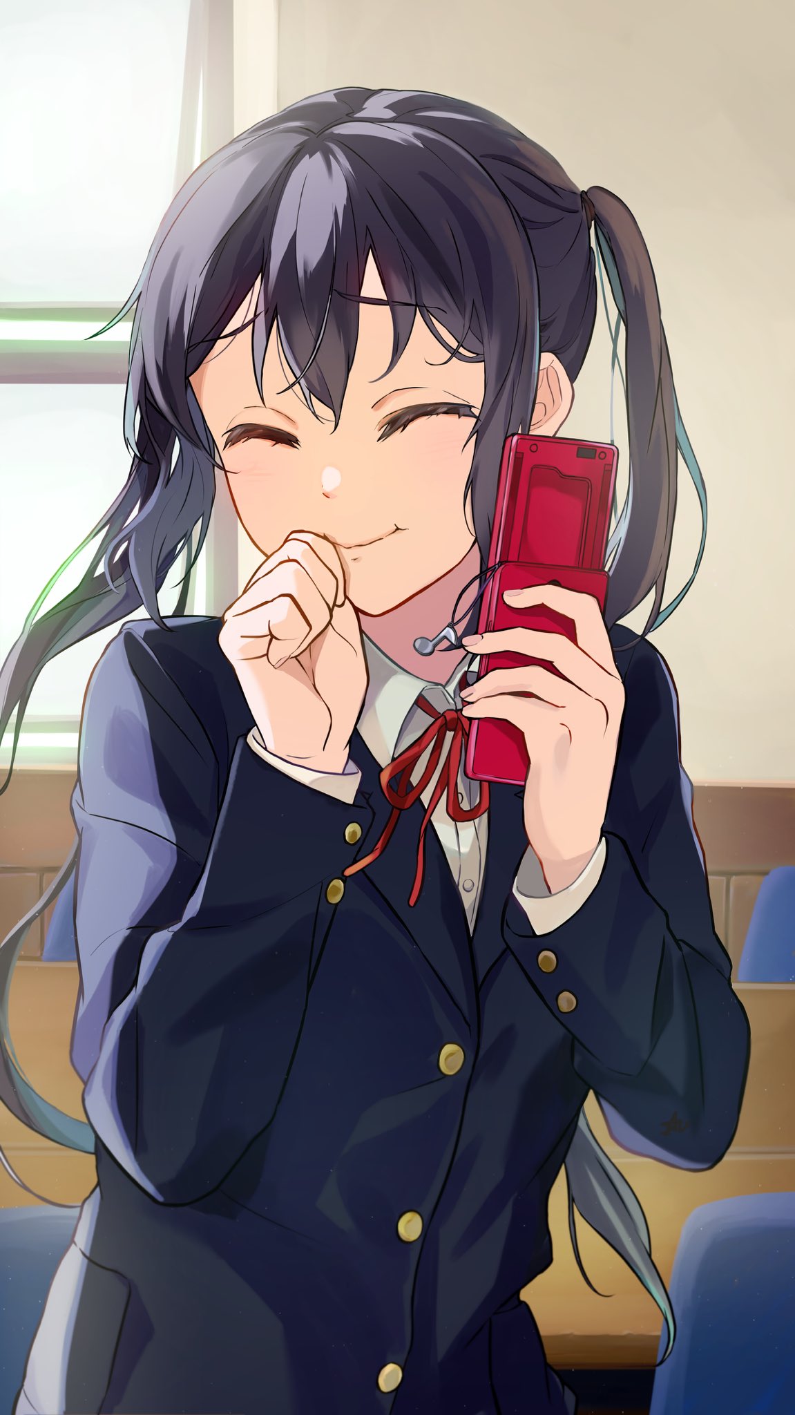 1girl, black_hair, blazer, blue_jacket, book_the_star, cellphone, closed_eyes, closed_mouth
