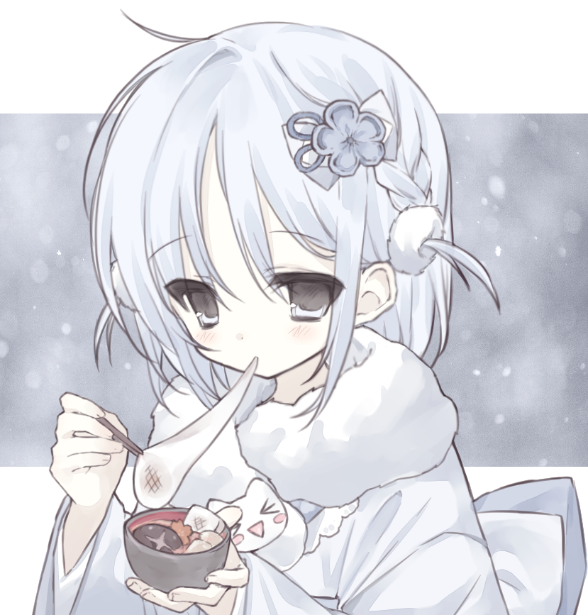 1girl, anone_(00x02), back_bow, blush, bow, bowl, chopsticks, eating
