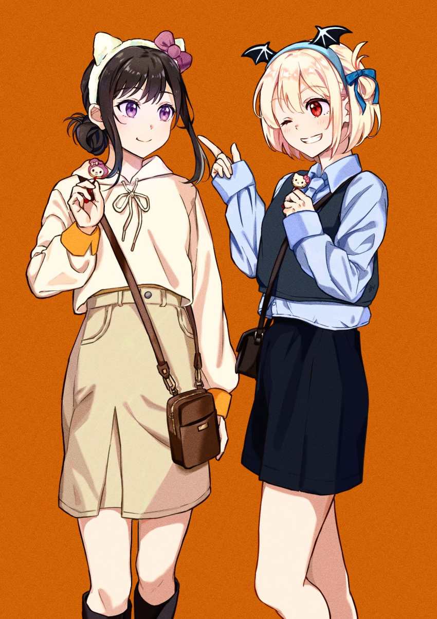 2girls, animal_ears, bag, belt, black_hair, black_skirt, black_vest, blonde_hair
