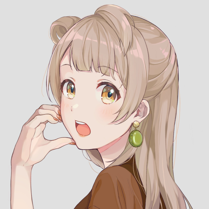 1girl, blush, book_the_star, brown_eyes, brown_shirt, commentary_request, earrings, food