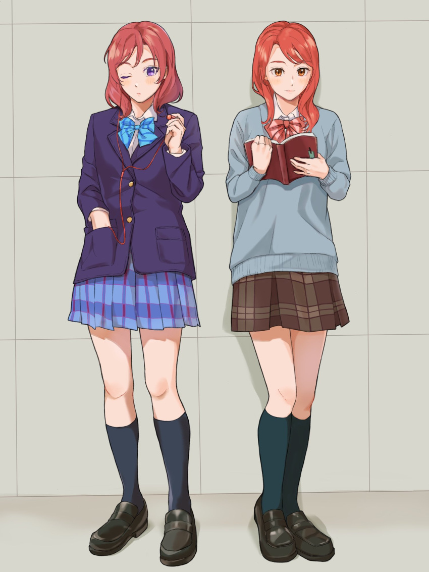 2girls, alexandra_magritte, black_footwear, black_socks, blazer, blue_bow, blue_bowtie, blue_skirt