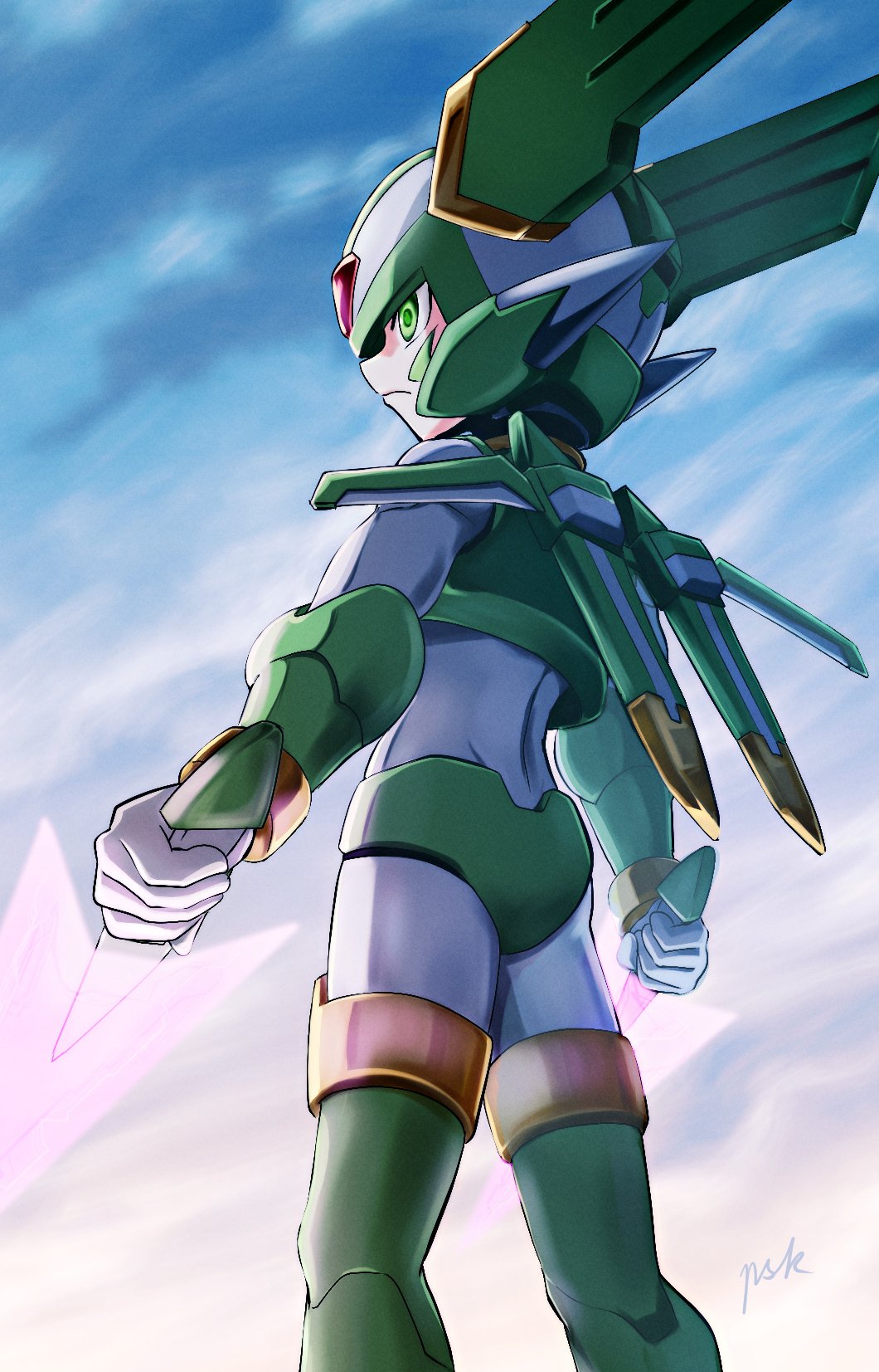 1boy, armor, bodysuit, crop_top, dual_wielding, dwn0001130, energy_sword, facial_mark