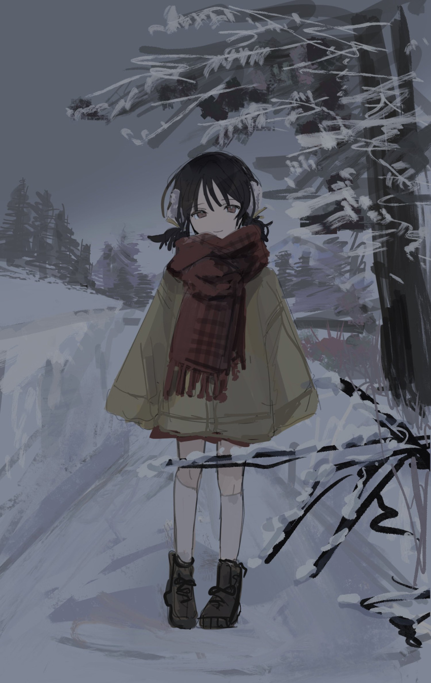 1girl, alternate_costume, arms_at_sides, black_hair, boots, branch, brown_coat, brown_eyes