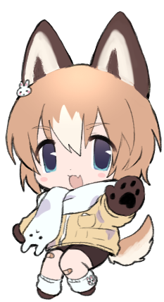 1girl, animal_ears, animal_hands, animal_scarf, bandaid, bandaid_on_knee, bandaid_on_leg, blue_eyes, blush_stickers, borrowed_character, brown_footwear, brown_gloves, brown_hair, brown_shorts, chibi, colored_tips, dog_ears, dog_girl, dog_tail, fang, full_body, gloves, hair_between_eyes, hair_ornament, jacket, lapithai, leg_warmers, long_sleeves, looking_at_viewer, lowres, multicolored_hair, open_mouth, original, paw_gloves, rabbit_hair_ornament, reaching, reaching_towards_viewer, scarf, short_hair, shorts, simple_background, skin_fang, solo, tail, transparent_background, white_leg_warmers, white_scarf, yellow_jacket