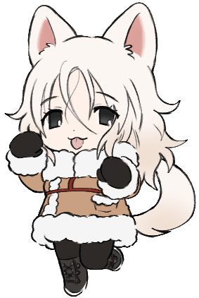 1girl, :3, animal_ears, black_eyes, black_footwear, black_gloves, black_pants, boots, borrowed_character, brown_coat, chest_harness, chibi, closed_mouth, coat, dog_ears, dog_girl, dog_tail, full_body, fur-trimmed_coat, fur-trimmed_sleeves, fur_collar, fur_trim, gloves, hair_between_eyes, hands_up, harness, lapithai, long_sleeves, looking_at_viewer, lowres, original, pants, paw_pose, samoyed_(dog), simple_background, solo, standing, standing_on_one_leg, tail, tongue, tongue_out, transparent_background, white_hair
