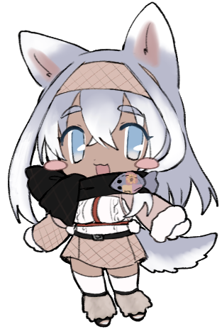 1girl, :3, animal_ears, belt, black_scarf, blue_eyes, blush_stickers, borrowed_character