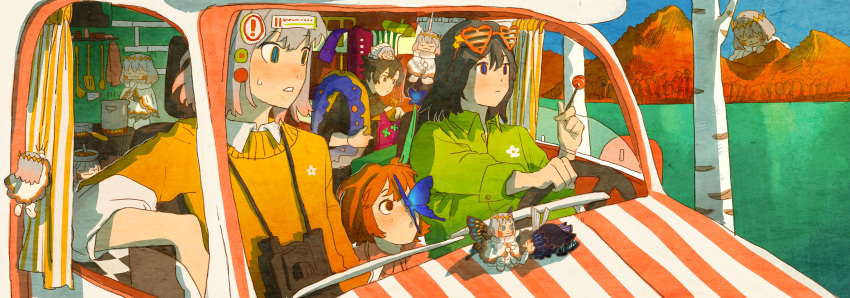 6+boys, :3, absurdres, alternate_costume, arm_rest, binoculars, birch_tree, black_cape