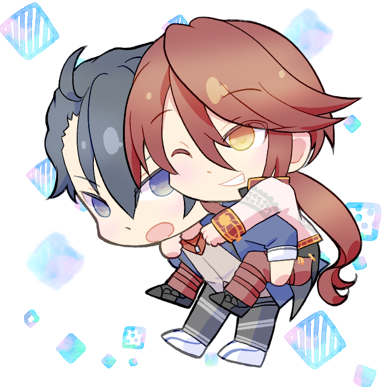 2boys, aaron_wei, black_hair, blue_eyes, carrying, chibi, commentary_request, eiyuu_densetsu