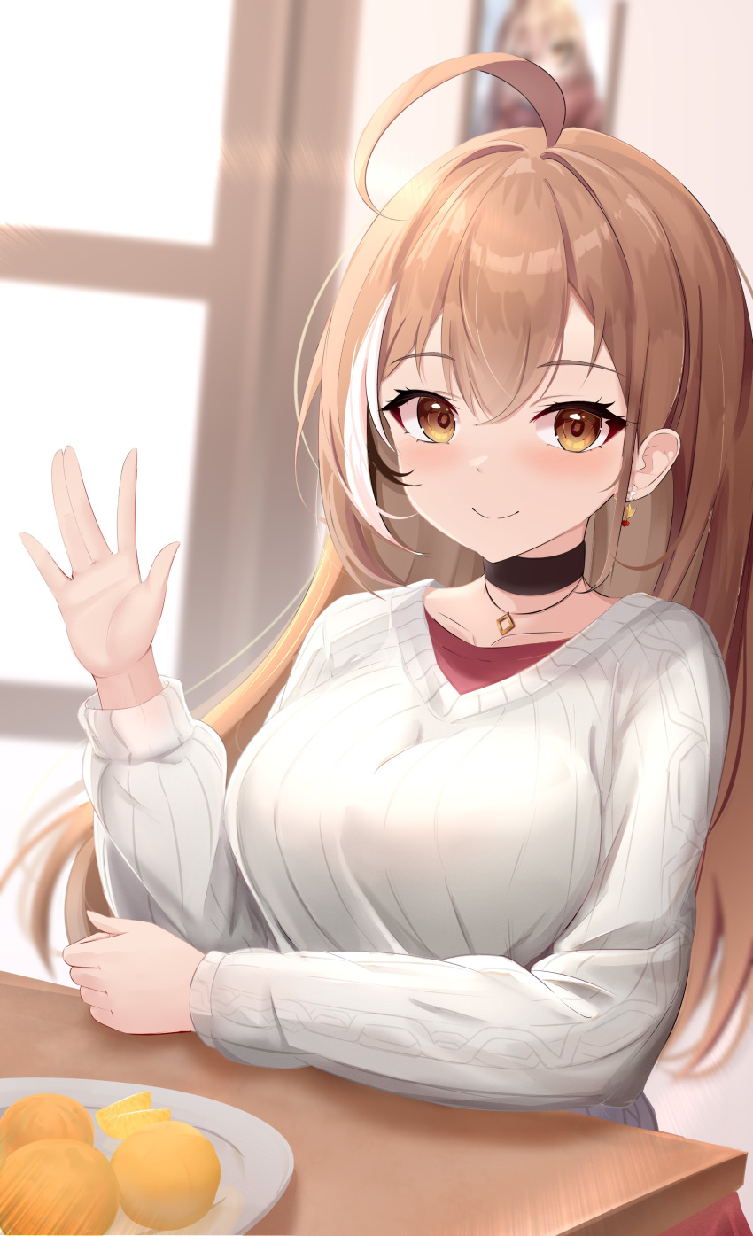 1girl, absurdres, ahoge, berry, black_choker, blurry, blurry_background, brown_eyes
