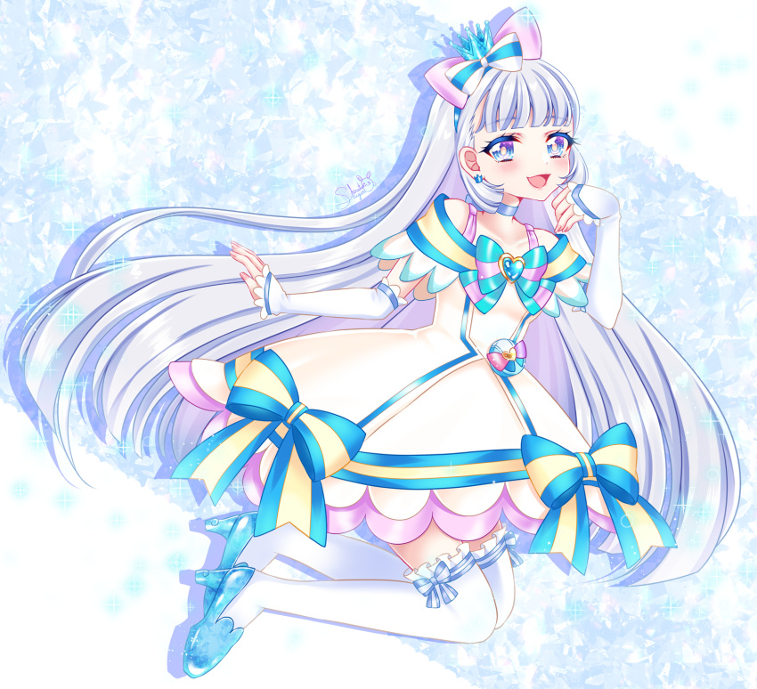 1girl, :d, arm_warmers, blue_background, blue_choker, blue_eyes, blue_footwear, blue_hairband