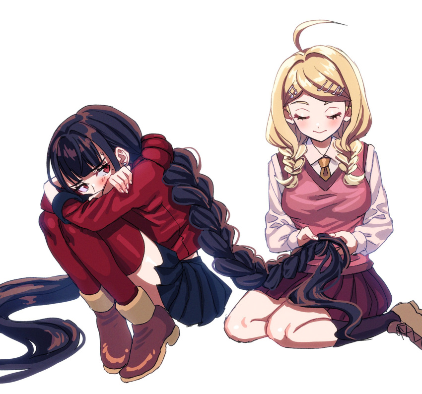 2girls, ahoge, akamatsu_kaede, alternate_hairstyle, black_skirt, blush, braid, breasts