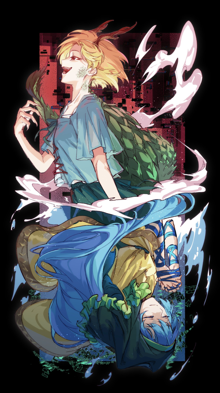 2girls, absurdres, antlers, apron, arm_ribbon, arm_strap, blonde_hair, blue_ribbon