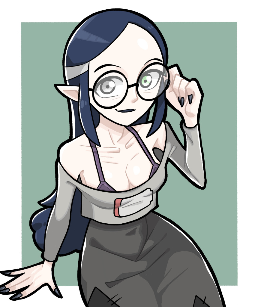1girl, absurdres, adjusting_eyewear, blue_hair, bra_strap, breasts, dress, glasses