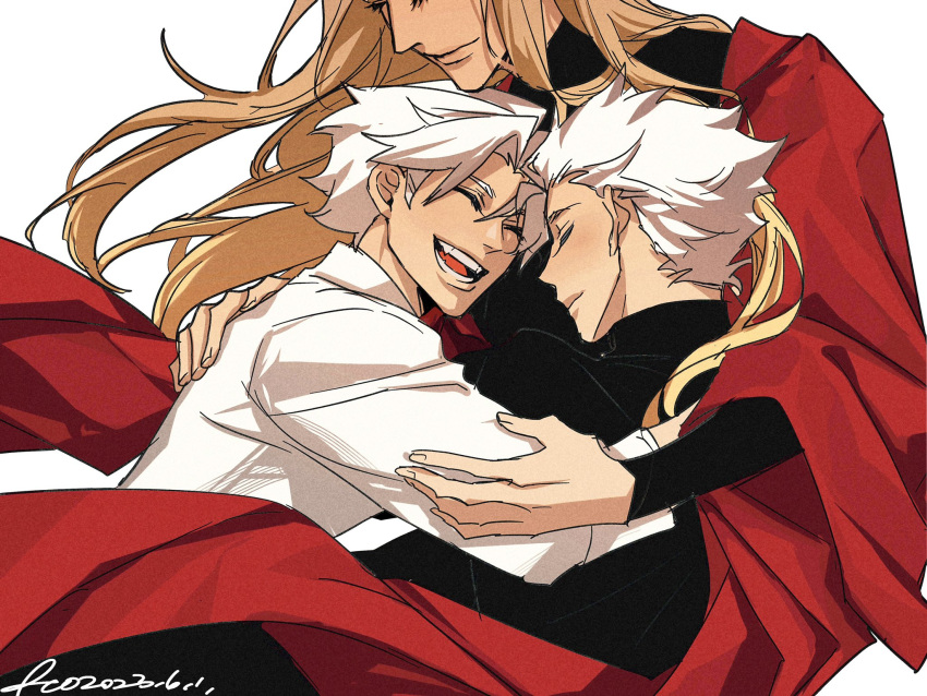 1girl, 2boys, 3hkxbot, blonde_hair, blush, closed_mouth, commentary, dante_(devil_may_cry)