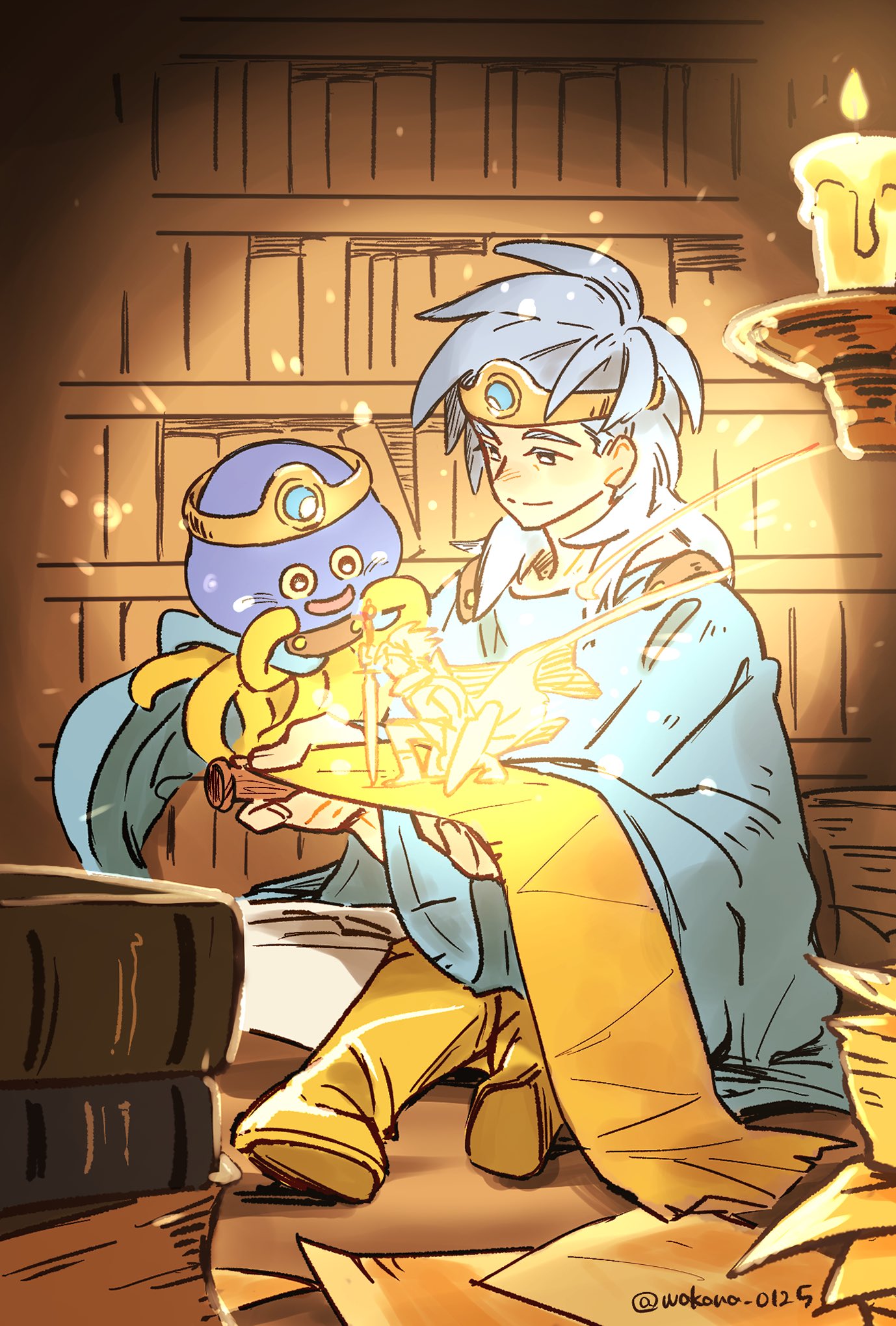 1boy, blue_cape, blue_cloak, blue_eyes, blue_gemstone, blue_hair, blue_pants, book