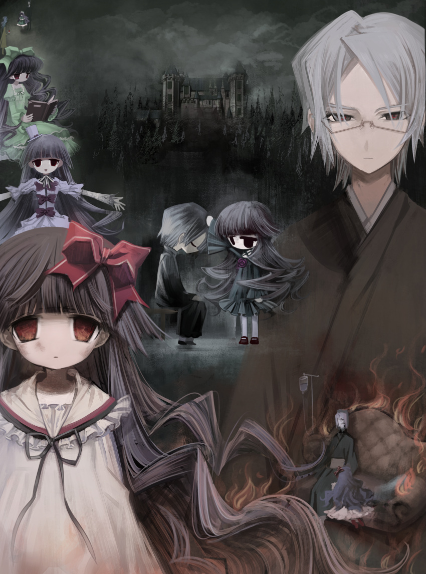 1boy, 1girl, absurdres, blunt_bangs, book, bow, castle, closed_eyes