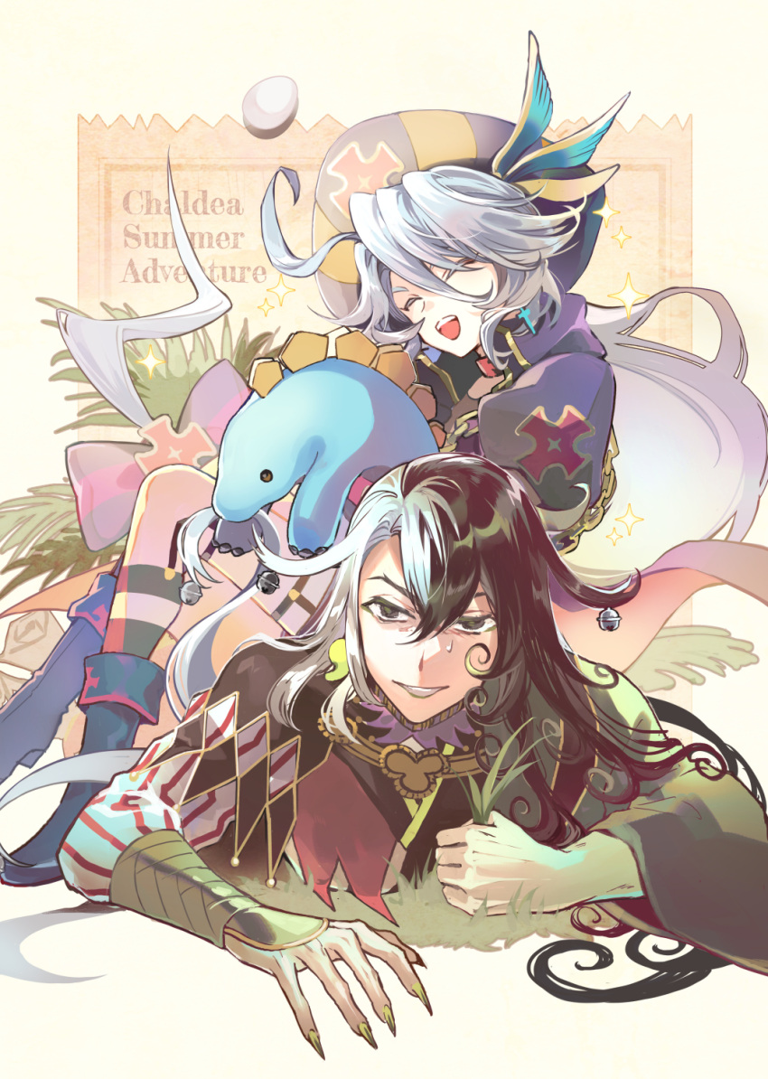 2boys, ahoge, argyle, argyle_cutout, ashiya_douman_(fate), bell, black_eyes, black_footwear