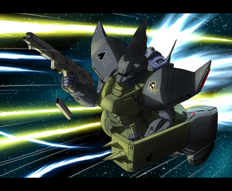 ace_(playing_card), ace_of_spades, assault_rifle, battle, card, energy_beam, fake_screenshot, gelgoog