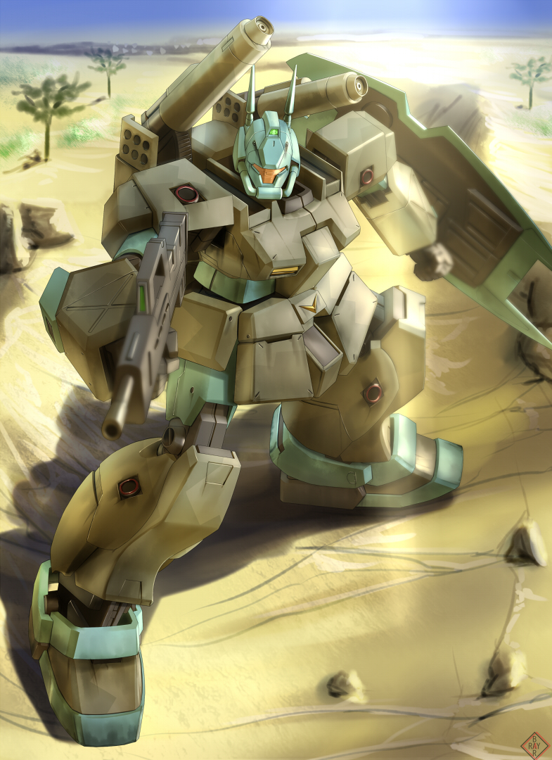 aiming, aiming_at_viewer, commentary_request, desert, dust, gm_cannon_ii, gun, gundam