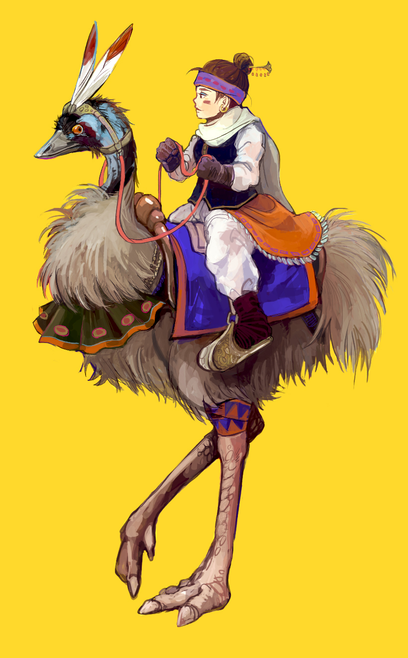 1girl, animal, animal_focus, bird, blue_eyeshadow, blue_vest, breaststrap_(saddle), bridle, cinch, closed_mouth, commentary_request, cupper_(saddle), emu, eyeshadow, facepaint, feathers, frills, from_side, full_body, gloves, hair_bun, halterneck, headband, highres, holding, holding_reins, leg_up, looking_back, makeup, orange_eyes, original, plume, purple_headband, red_footwear, redhead, reins, riding, riding_animal, riding_bird, saddle, saddle_blanket, saddle_decoration, scarf, simple_background, single_hair_bun, stirrups_(riding), tack_(riding), tassel, uninori, vest, white_feathers, white_scarf, yellow_background