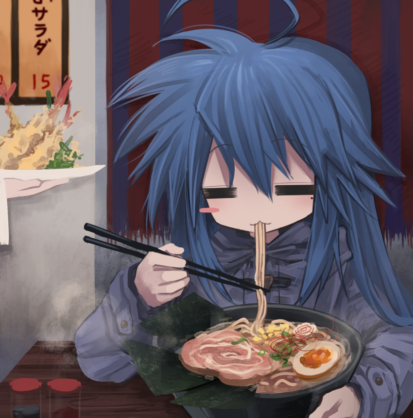 1girl, :3, =_=, ahoge, blue_coat, blue_hair, blush_stickers, bowl