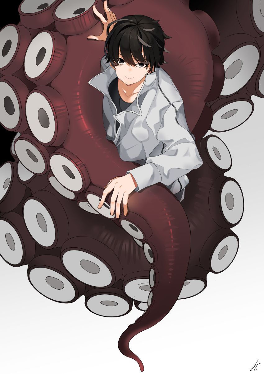 1boy, absurdres, black_eyes, black_hair, black_shirt, chainsaw_man, ear_piercing, highres, jacket, looking_at_viewer, male_focus, mei-0, multiple_piercings, octopus, piercing, shirt, short_hair, solo, suction_cups, tentacles, white_jacket, yoshida_hirofumi