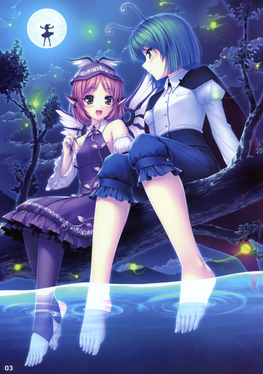 2girls, absurdres, alternate_costume, antennae, barefoot, blush, cape, cloud